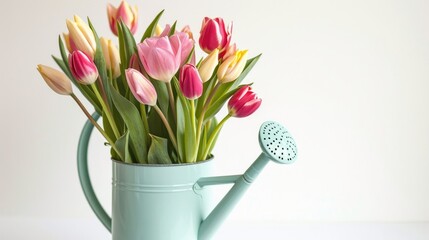 A vintage watering can overflowing with pink and white tulips against a neutral background, suggesting springtime and growth