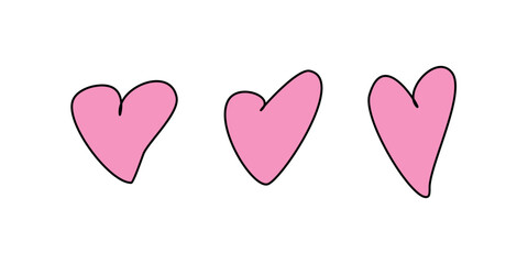 Set of pink hearts in doodles style on white background. Vector hand drawn clip art, decoration for Valentine's day, love romantic design