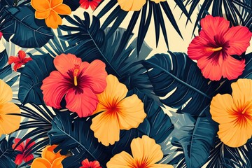 Fototapeta na wymiar Bold And Exuberant Modern Twist On A Tropical Floral Pattern. Сoncept Sunset Beach Vibes, Summer Pool Party, Tropical Island Getaway, Palm Trees And Pina Coladas, Vibrant Floral Fiesta