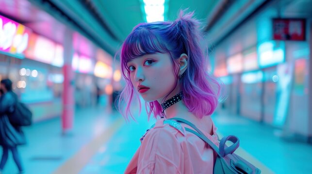 portrait of young asian otaku woman with colored hair on the street colored by neon lights