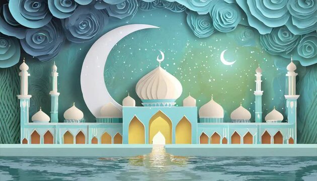 mosque in paper style with calm pool and crescent moon with blinking stars. animation ramadan greeting concept. eid