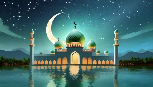 mosque with calm pool and crescent moon with blinking stars. animation ramadan greeting concept. eid