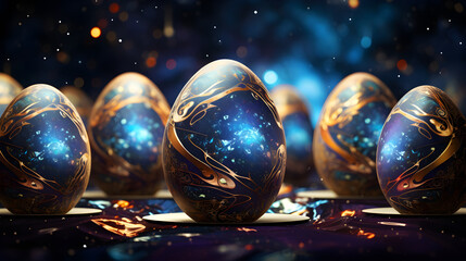 Composition with fantastic futuristic Easter eggs on a dark space background. Copy space.
