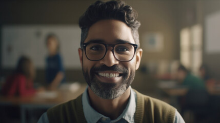 close up portrait of adult ethnic man university professor with toothy smile and glasses