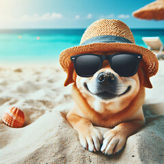 Funny Dog in Hat and Sunglasses Lounging on Sandy Beach on a Sunny Summer Day