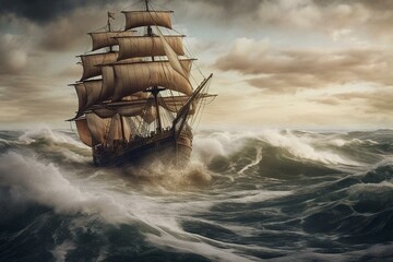 ship on turbulent ocean - made using modern techniques. Generative AI
