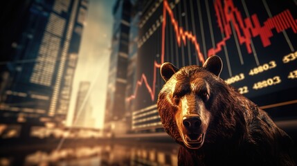 big giant  bear with Stock Market with light background, Bearish position, Generative Ai
