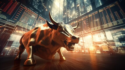 big giant fierce bull with Stock Market with light background, Bullish position, Generative Ai - obrazy, fototapety, plakaty