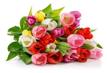 Spring tulips flowers bouquet, romantic greeting gift for birthday or Saint Valentines day holiday, isolated on white background. Clipping path included.