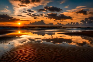 a lively sunset with the mirroring of clouds on the moistened sand during low tide  