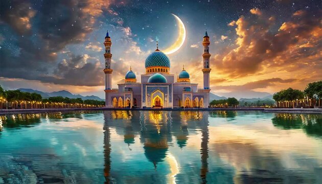 mosque with calm pool and crescent moon with blinking stars animation ramadan greeting concept. eid
