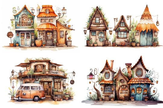 watercolor cartoon illustration collection set, cute vintage house, city village town, isolated on white background, idea for sticker and junk journal clipart, Generative A