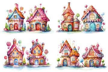 Fototapeta na wymiar watercolor cartoon illustration collection set, candy house lollipops and sweets, isolated on white background, idea for sticker and junk journal clipart, Generative A