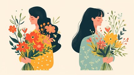 Happy Women's Day March 8 Cute cards and posters for the spring holiday. Vector illustration of a date, a women and a bouquet of flowers, generative ai