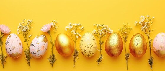 Easter composition with Easter eggs with golden accents aligned with delicate flowers against a yellow background, line composition. Easter card with copy space