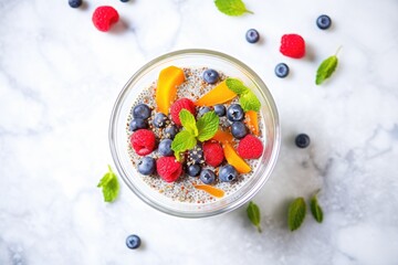 chia pudding with fresh berries, mint leaves in a clear bowl