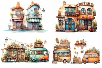watercolor cartoon illustration collection set, cute street coffee shop, isolated on white background, idea for sticker and junk journal clipart, Generative A