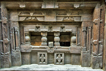 Wooden wall, Tripura Sundri Hindu Temple, Naggar, Kullu, Himachal Pradesh, India, Asia
