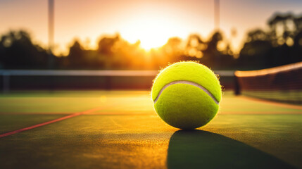 Closeup of tennis ball on empty court. Sunset, sun rays. Concept of a sporty lifestyle. Generative AI