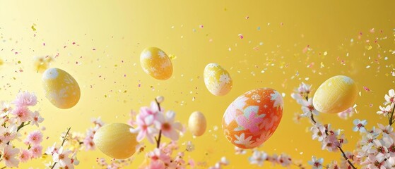 Easter composition with Painted Easter eggs and spring flowers appear flying or suspended in mid-air against a bright yellow backdrop, line composition. Easter card with copy space