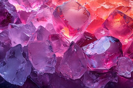 The bright, icy textures of melting colorful ice  cubes and the cool hues of pink, purple  and blue evoke a refreshing atmosphere, uce background