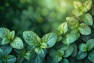 mint leaves in the garden, with copy paste space, illustration, green nature background, leaves of mint - obrazy, fototapety, plakaty