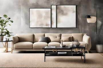 A chic beige sofa and a sleek grey carpet harmonize in a minimalist space, adorned with neutral tones, clean lines, and contemporary accents  