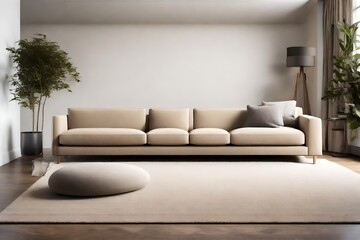 A chic beige sofa and a sleek grey carpet harmonize in a minimalist space, adorned with neutral tones, clean lines, and contemporary accents  