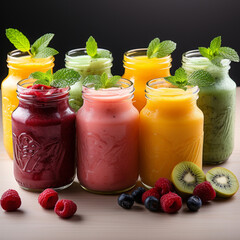 Colorful Fresh Juices or Smoothies on a Wooden Desk 