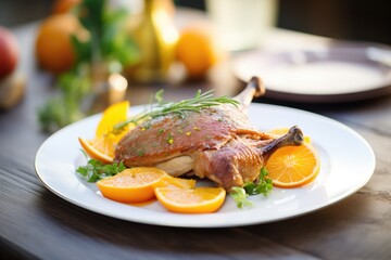 duck confit on a plate with orange slices and herbs