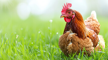 Hen Grazing in Sunlit Pasture.,A free-range hen enjoying the sunlight while foraging in a lush green pasture, a peaceful moment in the countryside. - obrazy, fototapety, plakaty