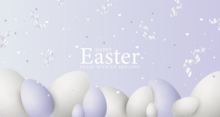 Happy easter. Delicate lilac card with white and purple Easter eggs and silver confetti