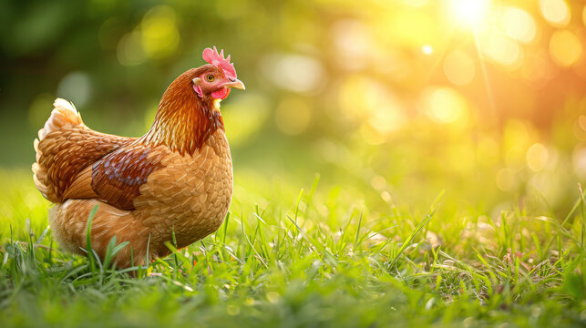 Hen Grazing in Sunlit Pasture.,A free-range hen enjoying the sunlight while foraging in a lush green pasture, a peaceful moment in the countryside.