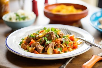 lamb tagine portion on plate with fork and knife beside