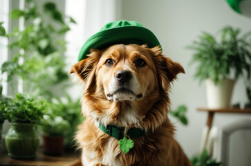 St. Patrick's Day celebration. Cute dog with green hat at home. 