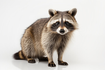 Raccoon on white background, looking at the camera .