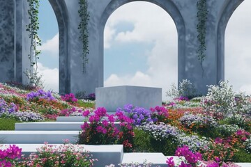 Abstact 3d render spring scene and Natural podium background, White stone podium on the colorful flowers and grass field backdrop three arch doors for product display advertising. generative ai.