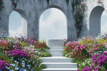 Abstact 3d render spring scene and Natural podium background, White stone podium on the colorful flowers and grass field backdrop three arch doors for product display advertising. generative ai.