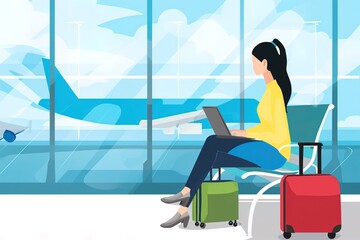 Woman with a laptop in airport, travel IT relocation illustration cartoon, digital nomad