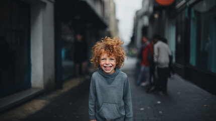 Smiling red-haired boy in the middle of the street