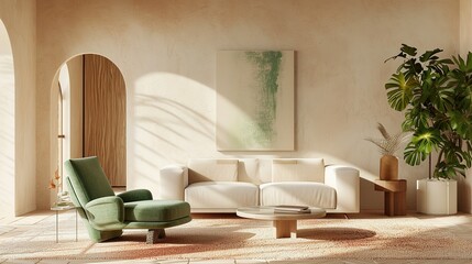a modern living room with neutral color tones and a green plant, in the style of pastel gothic, matte background, arched doorways, soft pastel tones, texture-based, light brown and cyan