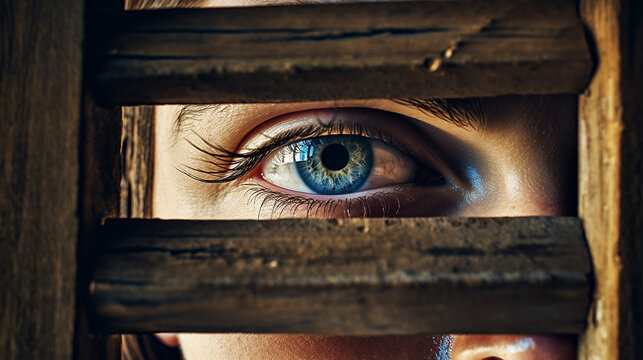 Woman's eye looking through a wooden structure