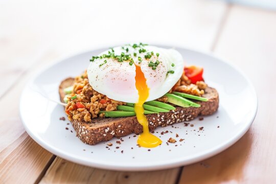 sprouted grain bread with avocado and poached egg
