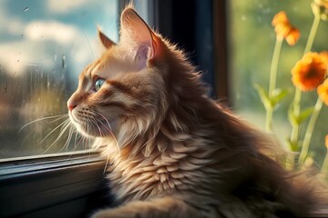 Fluffy cat looking in the window, sad romantic gaze, gazing into the rain