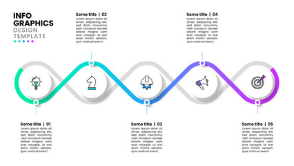 Infographic template. 5 connected circles in a row with icons - obrazy, fototapety, plakaty