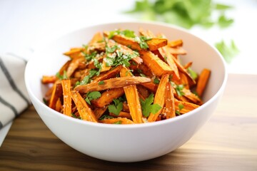 sweet potato fries in a white bowl with parsley