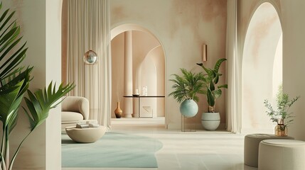 Fototapeta premium a modern living room with neutral color tones and a green plant, in the style of pastel gothic, matte background, arched doorways, soft pastel tones, texture-based, light brown and cyan