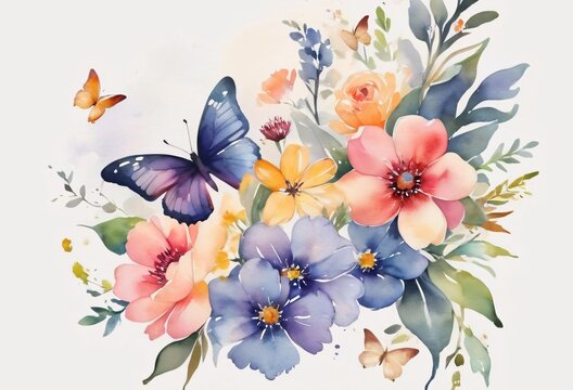 Fototapeta watercolor of colorful flowers and butterflies facing forward.