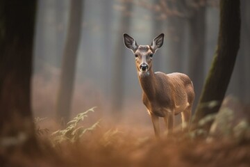 Curious roe deer roebuck with ears up in misty woodlands. Generative AI