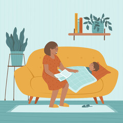 Obraz premium Mom reads a fairy tale to her son during a quiet time. The child and mother are relaxing together. Family holiday during the day. Flat vector illustration. 